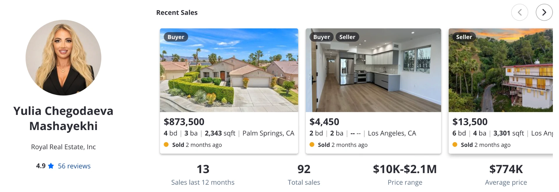 Yulia Chegodaeva, Royal Real Estate, Inc. — Zillow profile with rating, reviews and recent sales